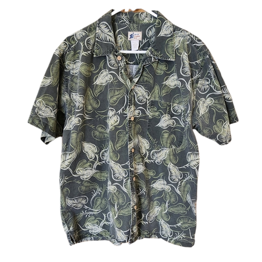 Cherokee Waikiki Men's Green Leaf Novelty Print Casual Hawaiian Button Up